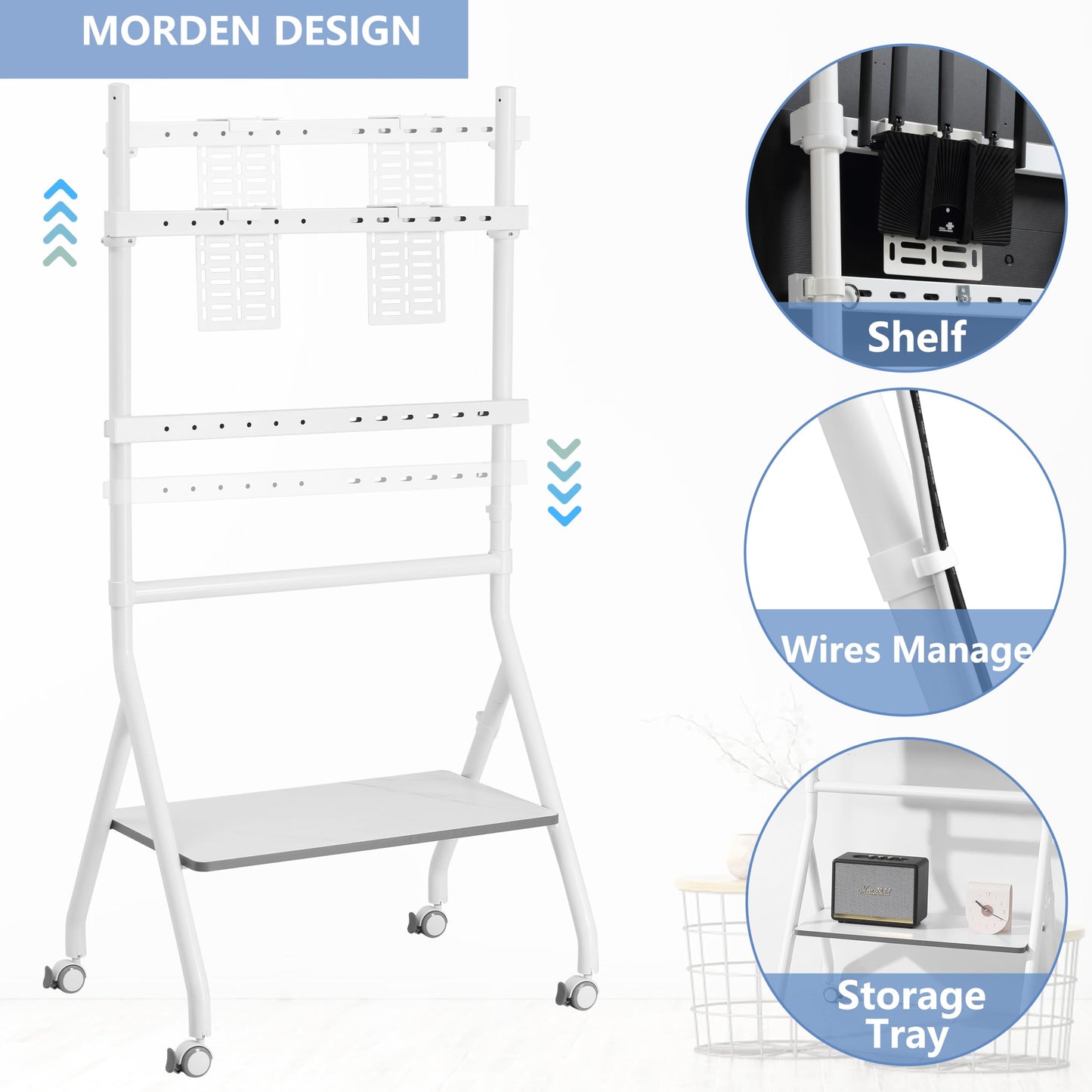 Fydeamer Rolling TV Stand for 40-86 Inch LED LCD OLED Screens up to 88 lbs, Portable TV Stand on Wheels with Tray, Mobile Stand for Living Room, Bedroom, Office (White)