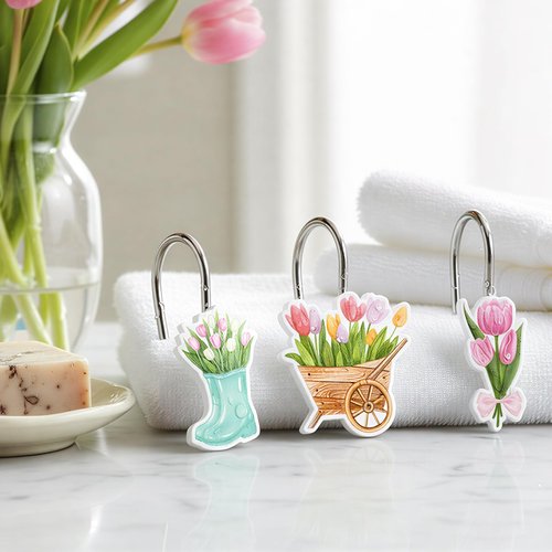MALLMALL6 12Pcs Spring Tulip Flower Shower Curtain Hooks Floral Metal Rustproof Decorative Pendants for Bathroom Bedroom Room Home Decor Accessories with Watering Can Truck Stainless Curtain Rings