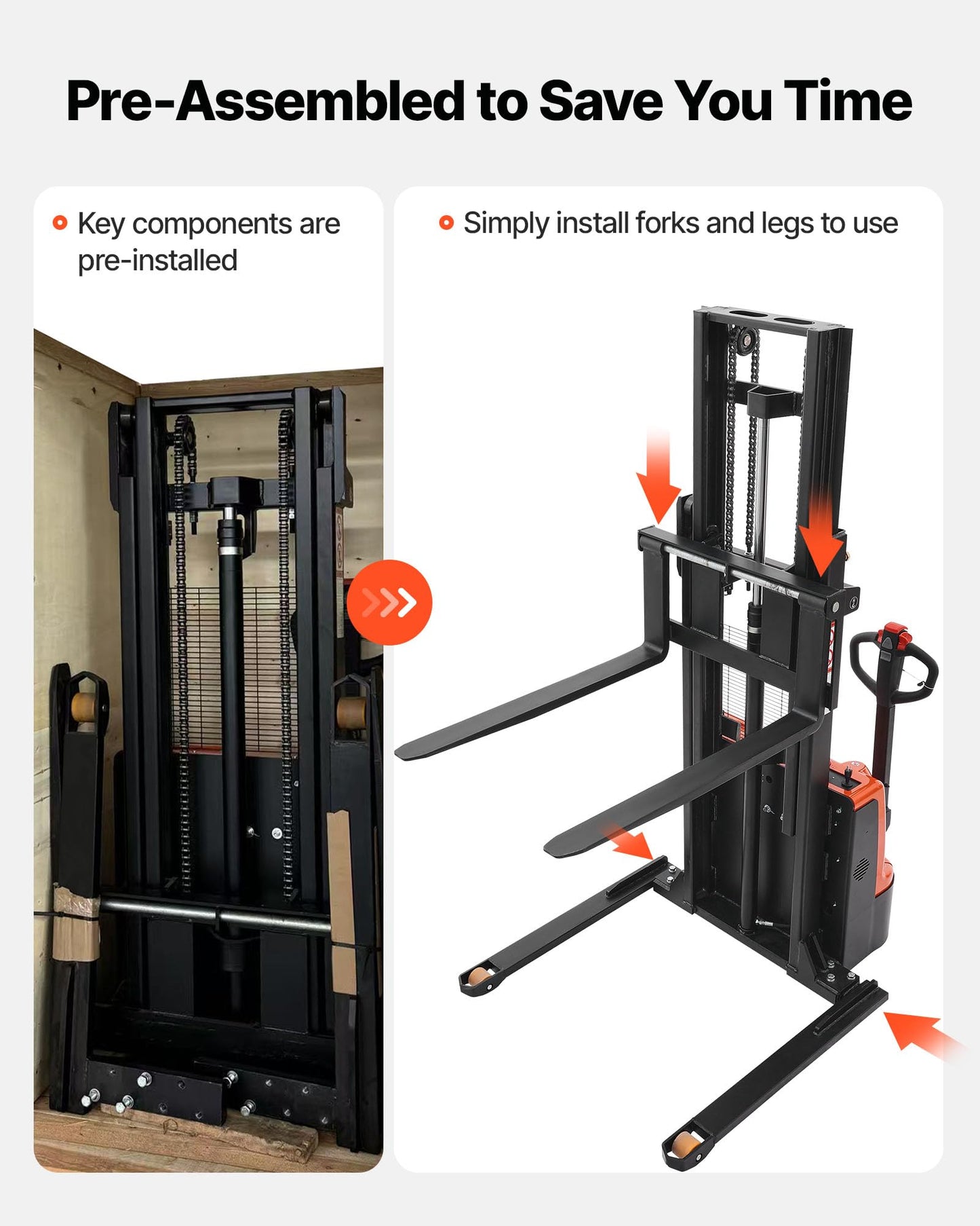 VEVOR Full Electric Pallet Stacker, 3300 lbs Capacity, 98.4'' Lifting Height, Pallet Lift Stacker Forklift with Straddle Legs & Forks, 8.66-31.1 Inches Adjustable Fork Width, Orange & Black