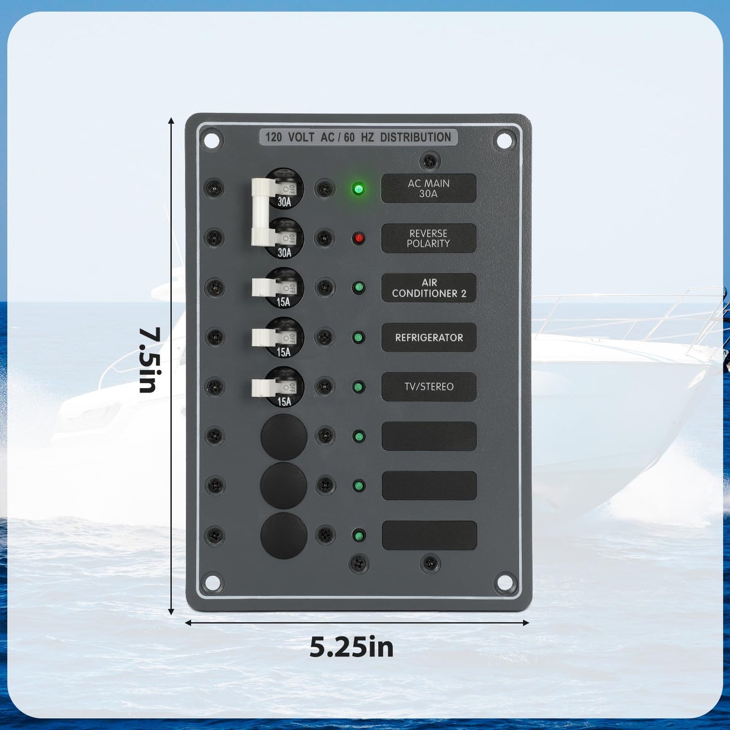 AC Main Circuit Breaker Panel 6-Position Metal Panel withand Red LED Reverse Polarity Indicator and Pre-Wiring,for Marine RV Yacht