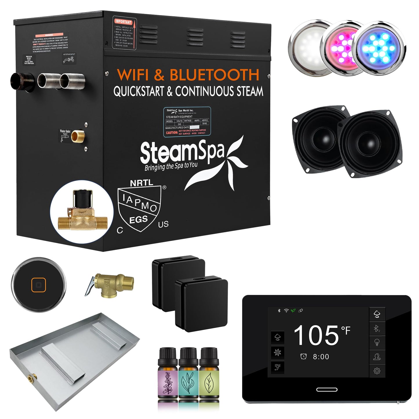 SteamSpa Steam System 12kW Steam Shower Generator with Bluetooth Wifi, Quickstart Continous Steam, Advanced Touch Pad Screen, Chroma Lights, Drain Pan and Auto Drain Black RVBS1200BK-A
