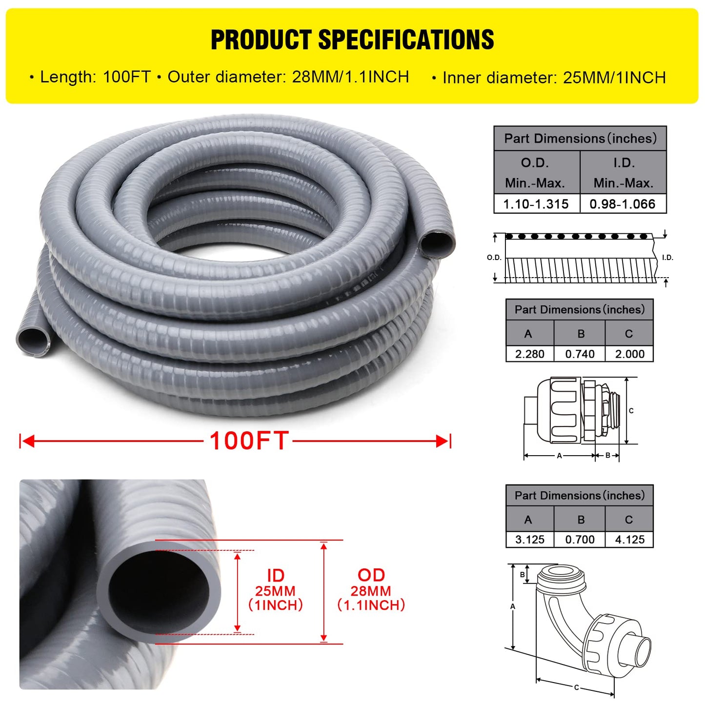 DWALE Liquid-Tight Conduit and Connector Kit,Flexible Non Metallic Liquid Tight Electrical Conduit,1inch100ft Electrical Conduit Kit,with5 Straight and3 Angle Fittings Included,1 in. Dia (100FT)