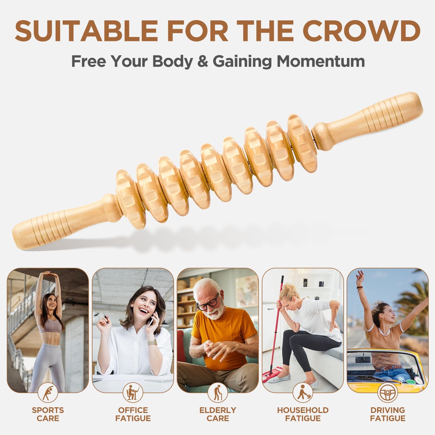 MZDXJ Wooden Cellulite Massage Roller for Legs and Thighs - Handheld Fascia Blaster Tool for Muscle Relief, Lymphatic Drainage & Body Sculpting - Anti Cellulite Massager for Women and Men (9 Wheel)