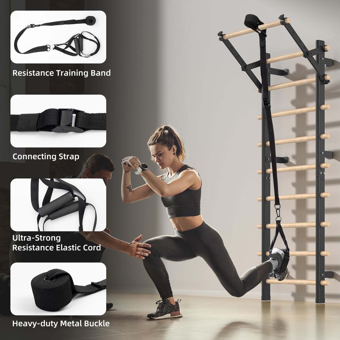 Swedish Ladder, Wood Stall Bar with Suspension Trainer Straps, Pull-Up Dip Bar Attachment, Strategic Rods, for Home, School, hysical Therapy and Gymnastics, Upgrade Installation