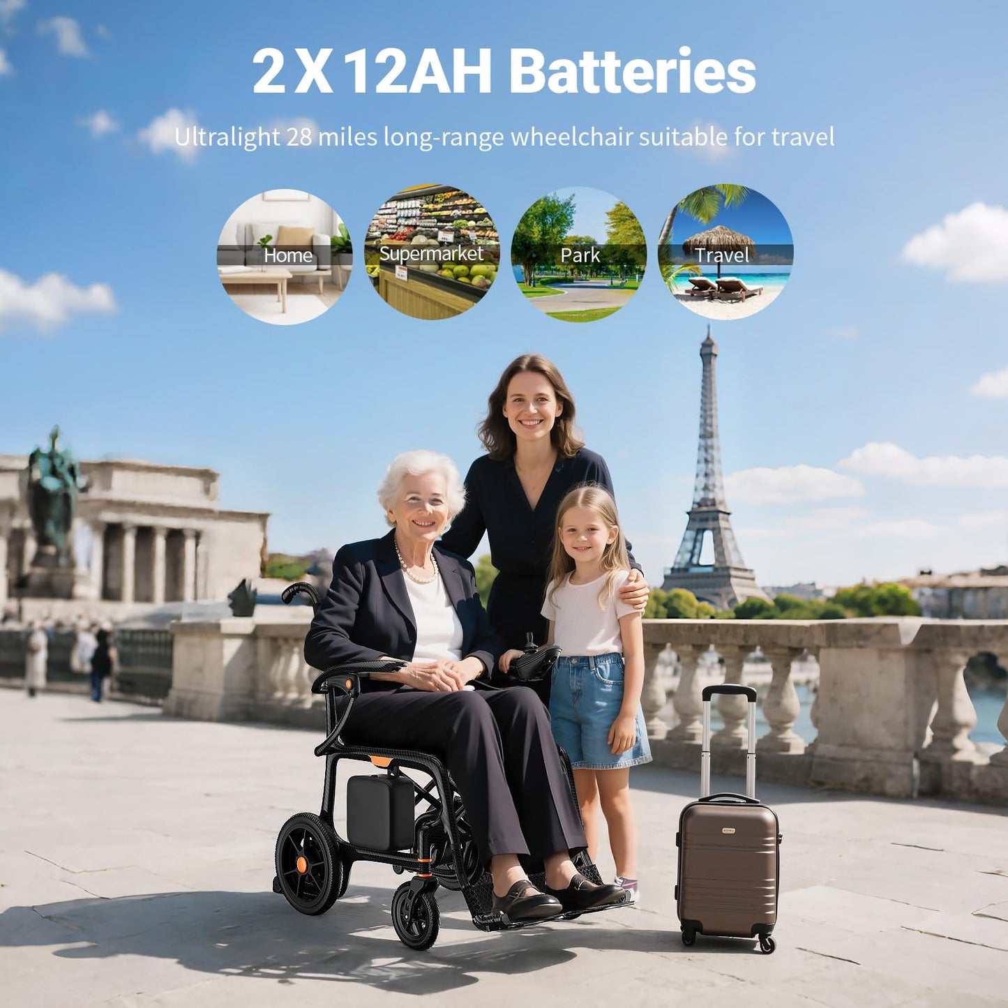 28lbs Ultralight Foldable 100% Carbon Fiber Electric Wheelchairs for Adults, FreeWink Rear Control 28 Miles Long Range Power Wheelchairs with 2 Lithium Batteries for All Terrain Airline Approved