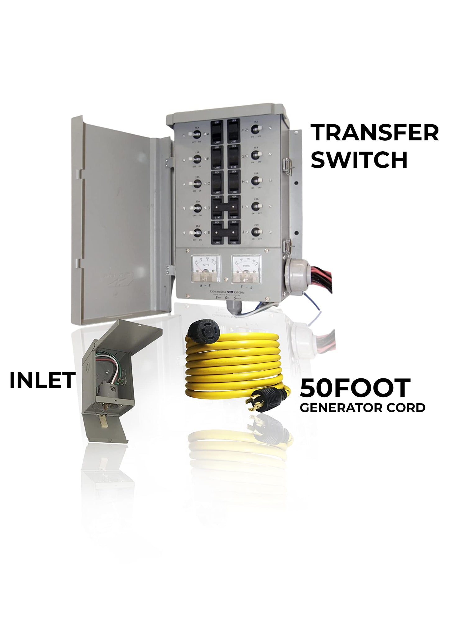Connecticut Electric EmerGen Backup Power Manual Transfer Switch Kit 30 Amp, 50 Foot Cord, 10-Circuit, 7500 Watts, EGS107501G2K50 for Portable Generator (with 50 FT Generator Cord)