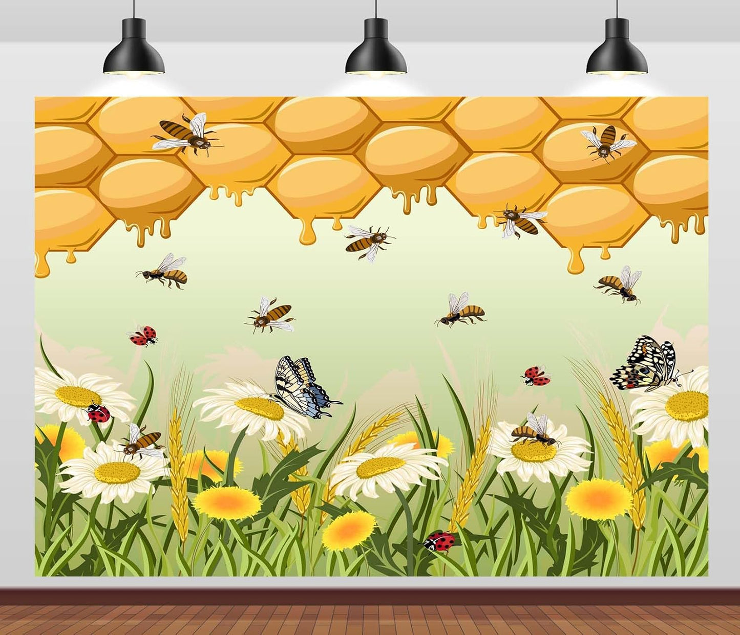 CORFOTO 10x8ft Fabric Honeycomb Bee Backdrop Golden Honeycomb Daisies Butterflies Insects Nature Scene Photography