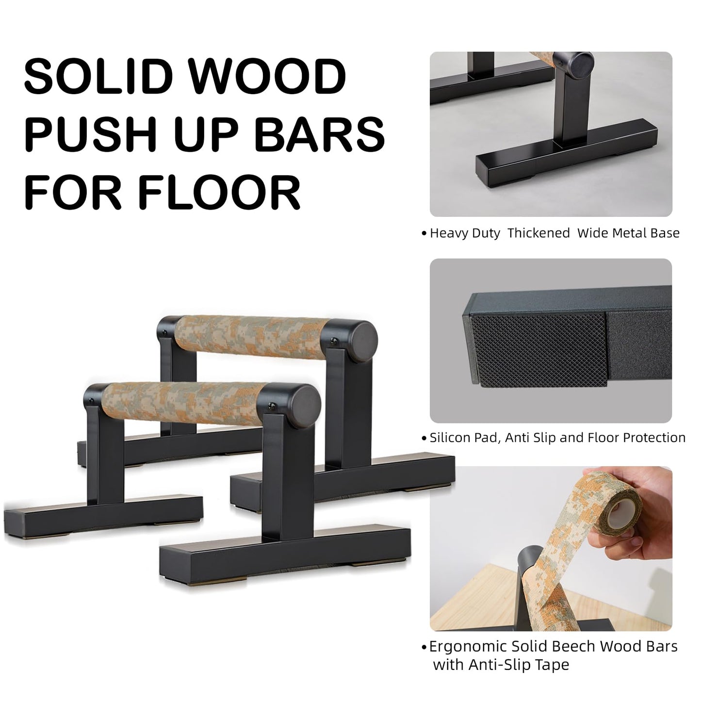 Purife T Shape Floor Stand Wood Push Up Handle Calisthenics Bars, Strength Training Pushup Stands Parallettes Bars with Sturdy Metal Bracket for Home Workouts