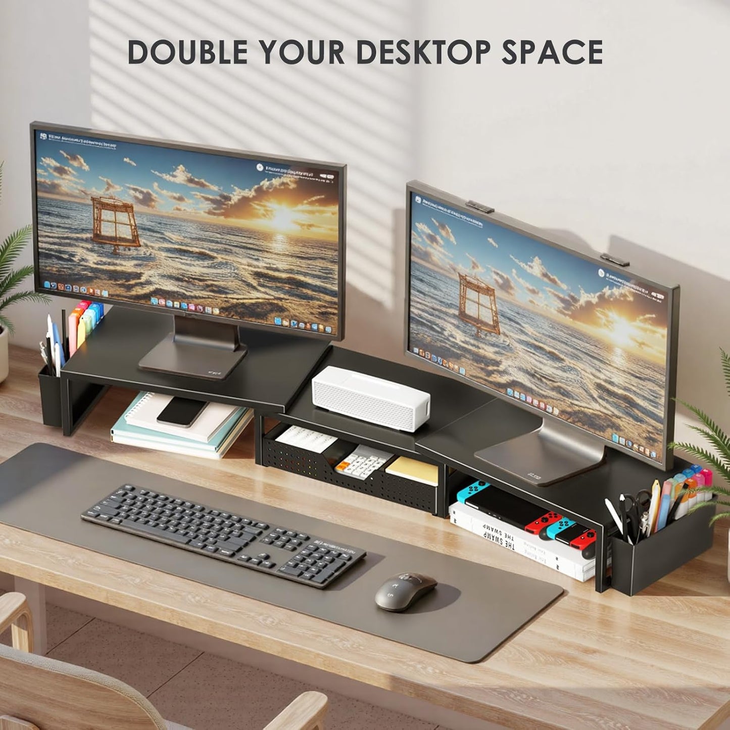 2 OPNICE Desk Organizers and Accessories, Dual Monitor Stand Riser with Drawer and Pen Holders, Desk Shelf Metal