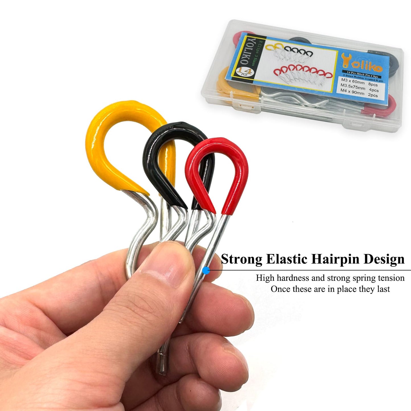 14Pcs Heavy Duty Hitch Pins Clip R Clips Spring Retaining Wire Hair Pins Cotter Pin Strong Spring Rubber-Coated Grip R Clip for Trailer Tractors Mower Carts Truck Pin Clip 3Sizes M3x60 M3.5x75 M4x90