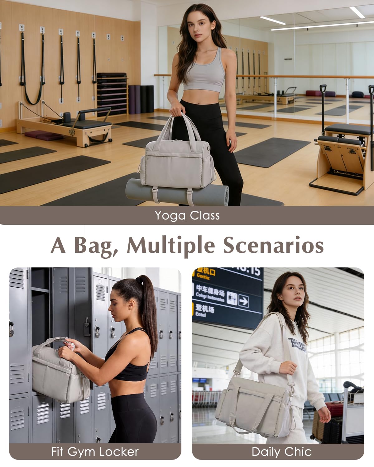 Small Gym Bag, Mini Gym Bag for Women with Yoga Mat Holder and Wet Compartment, Cute Mini Puffer Duffle Bag with Water Bottle Pocket for Workout Yoga Dance, Puffer Camel