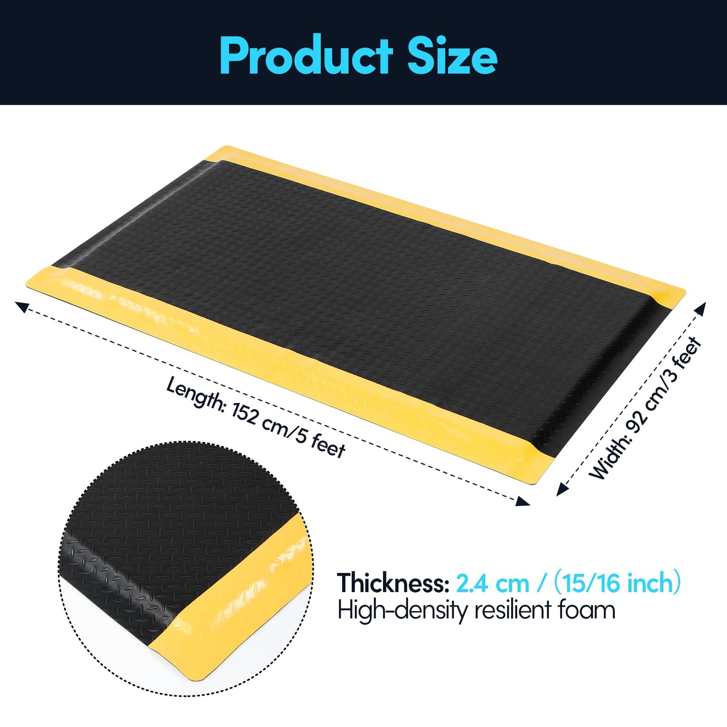 GOOFCXO 3 x 5 FT Anti Fatigue Mats Industrial 15/16 Inch Thick Soft Sponge Ergonomic Mat Durable Heavy Duty Diamond Plate Work Mat for Standing Non Slip Industrial Grade Floor Mat for Leg & Back Pain