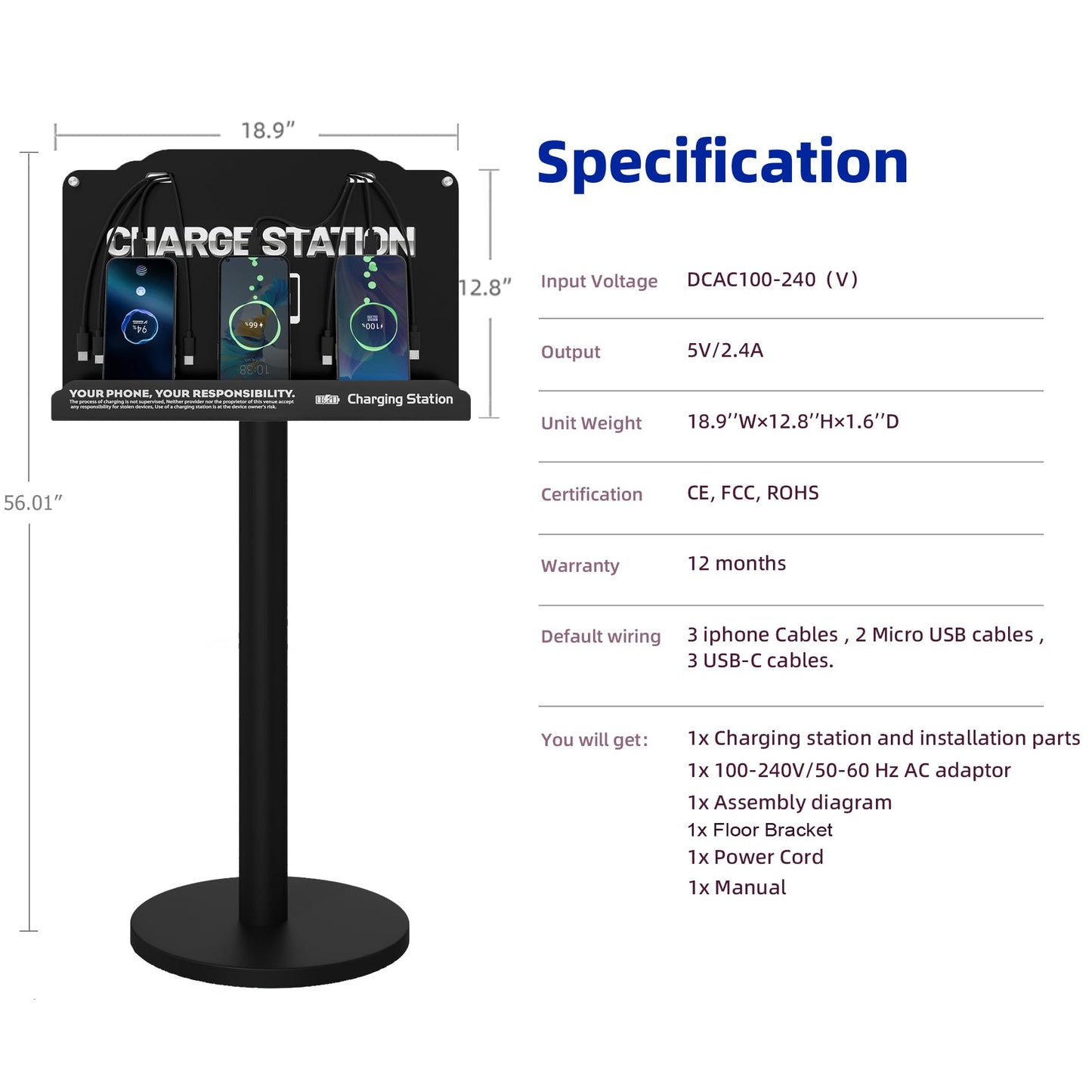 Floor Standing Cell Phone Charging Station with Fast Charigng Cables – 8 Device Charging Dock for Office, Hotel & Public Spaces | Compatible with iPhone ipad Smartphone Tablets Android Port (Black)
