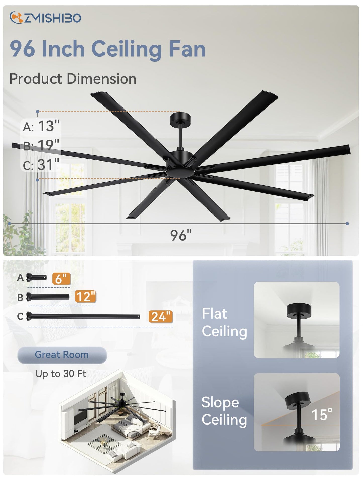 ZMISHIBO 96 Inch Ceiling Fans No Light, Large Industrial Ceiling Fan with 8 Aluminium Blades, Quiet DC Motor, 6 Speeds, Modern Ceiling Fan without Light for Garage/shop/living room,Black