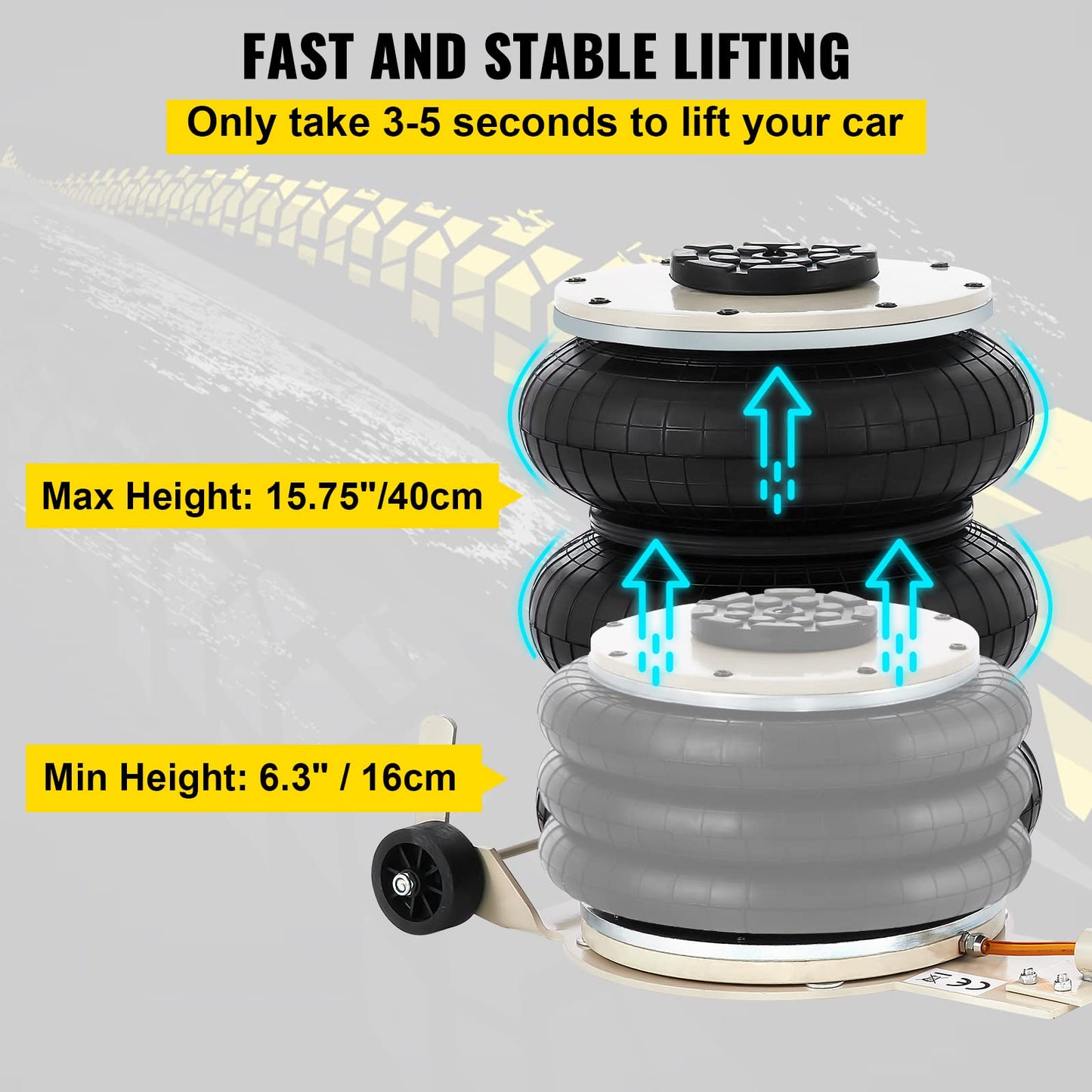 VEVOR 5 Ton/11000 lbs Triple Bag Air Jack, Air Bag Jack Lift Up to 15.75 Inch, 3-5S Fast Lifting, for Cars with Long Handle (Beige)