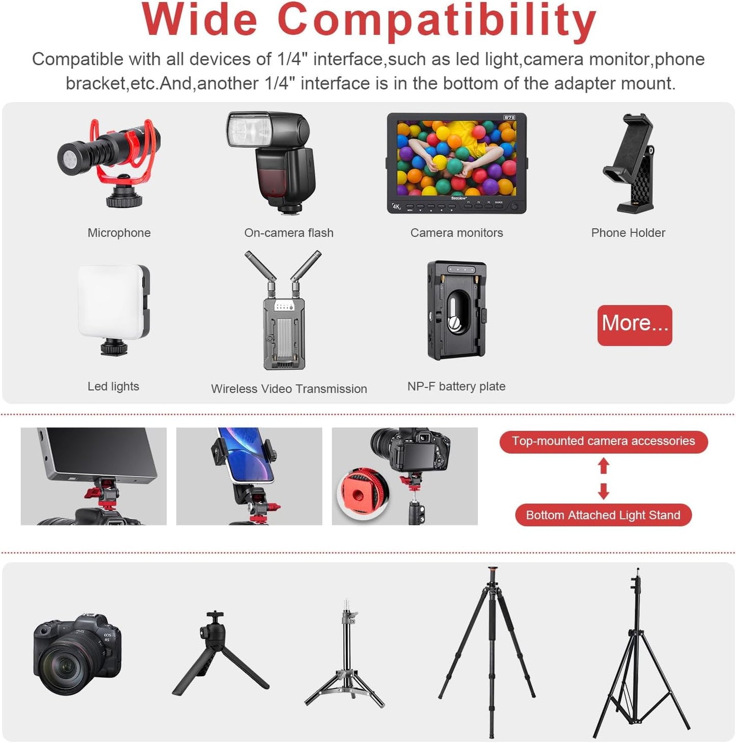 FOMITO 1/4" 360 Metal Camera Monitor Mount with Serew and Cold Shoe, Rotary Adapter Swivel Universal for Flash