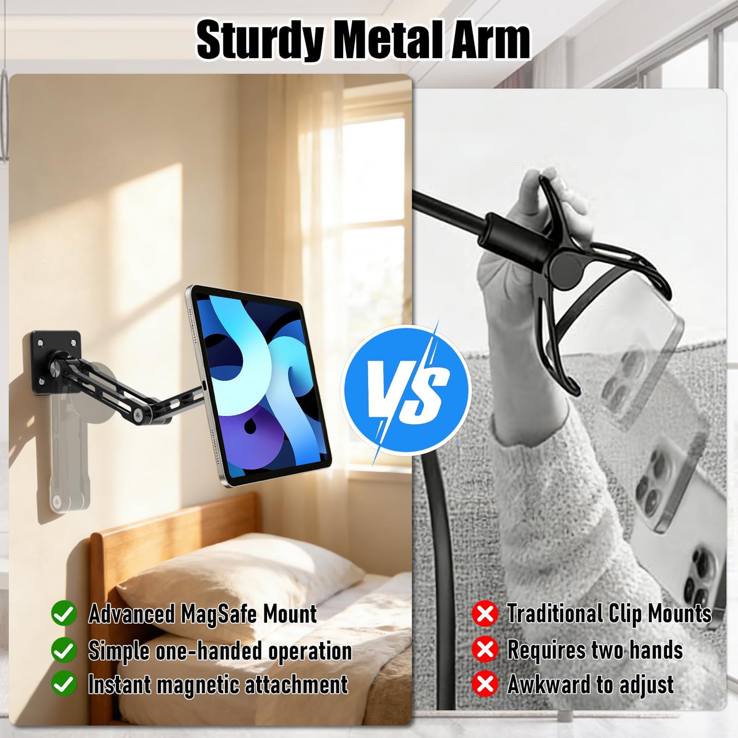 JUBOR Magnetic Tablet Wall Mount, 360° Rotating Alloy Steel Stand with MagSafe & Metal Ring, Foldable Arm for 4.7-13" iPad/Phone/Tablet, Home Gym Kitchen Office