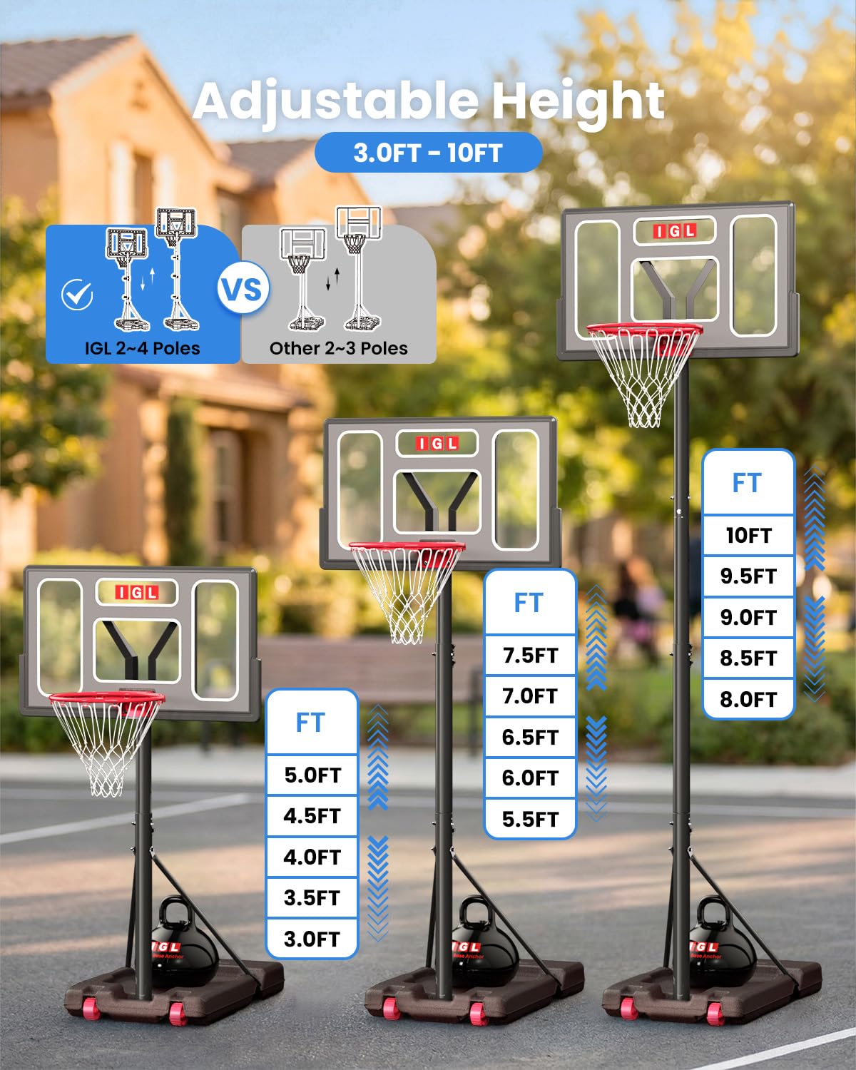 IGL Portable Basketball Hoop Outdoor, 3-10ft Adjustable Height, 40" Shatterproof Backboard, Fillable Base, Basketball Goal System for Driveway Backyard Pool, Fun for Family & All Ages
