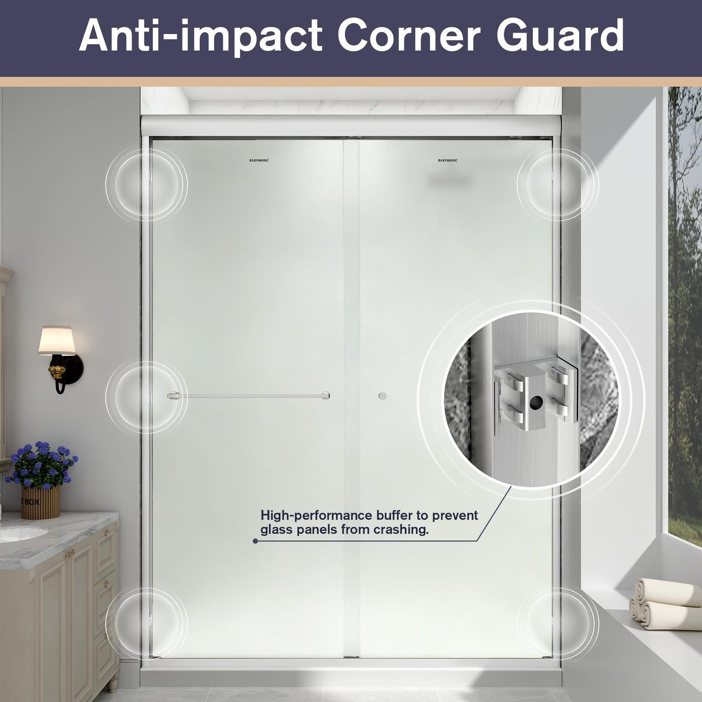 EASYWORC Double Sliding Shower Door, 43"-48" W x 70" H Semi-Frameless Frosted Shower Door, 1/4'' (6mm) Frosted SGCC Tempered Glass with Nano Coating and Explosion-Proof Film, Brushed Nickel