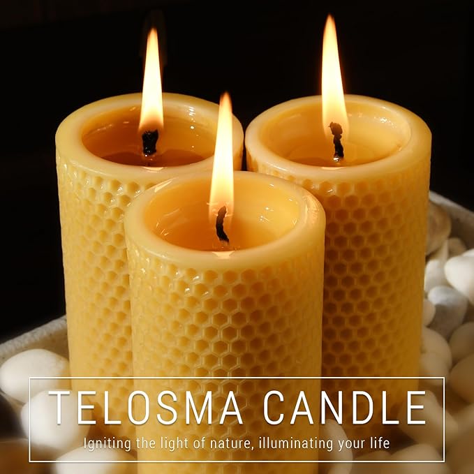 Pure Natural Beeswax Pillar Candles - Pack of 3 - Honeycomb Surface, No Scent- for Emergency/Prayer/Relax (2inch Diameter, 4 inch Tall - Yellow)
