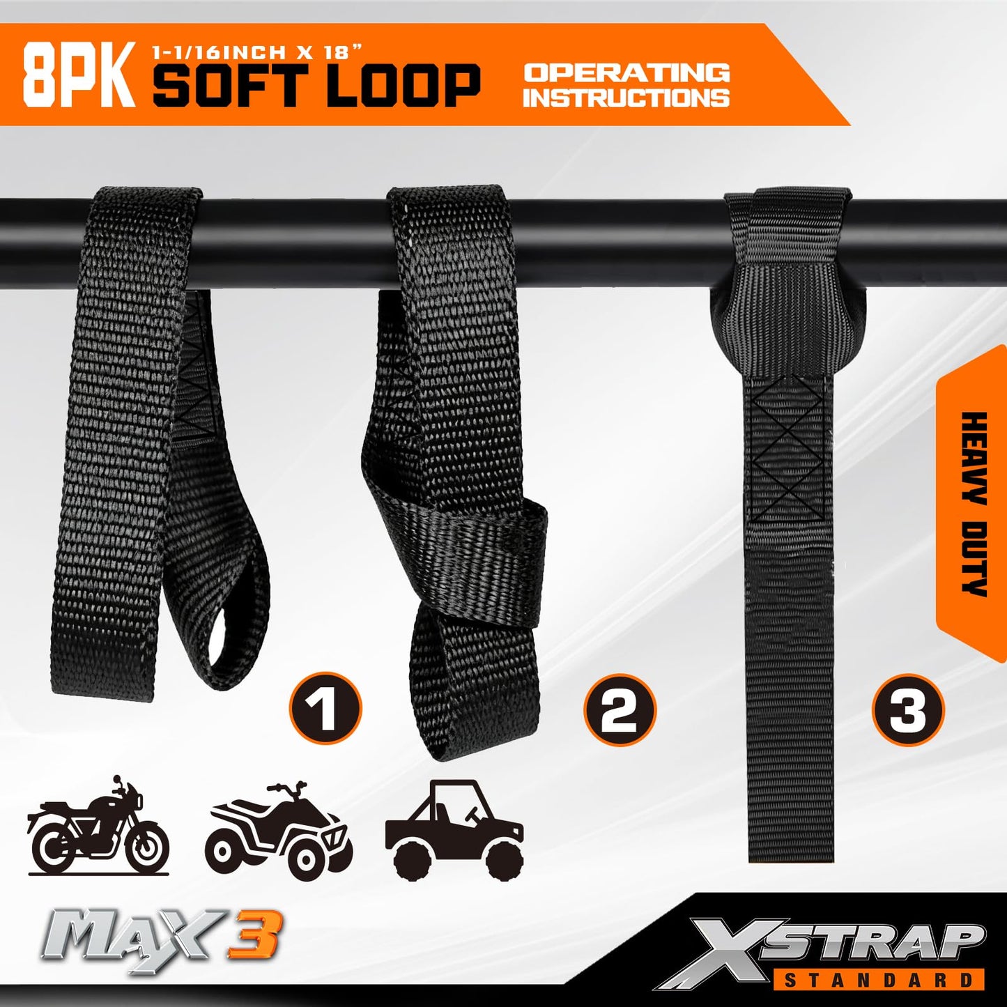 XSTRAP STANDARD Soft Loop Tie-Down Straps 8PK 1-1/16 x 18 inches - 3600LB Breaking Strength, Loops for Securing Trailering of Bikes, ATV, UTV, Motorcycles, Scooters, Dirt Bikes, Lawn Equipment, Black