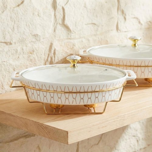 jinsongdafa 12" x 8" Ceramic Oval Casserole Dish with Glass Lid and rack, 54 ounce Serving Soup Tureen,Chafing Dish for Buffet, Family Food preserve Tray, Catering Casserole for Party Style, White