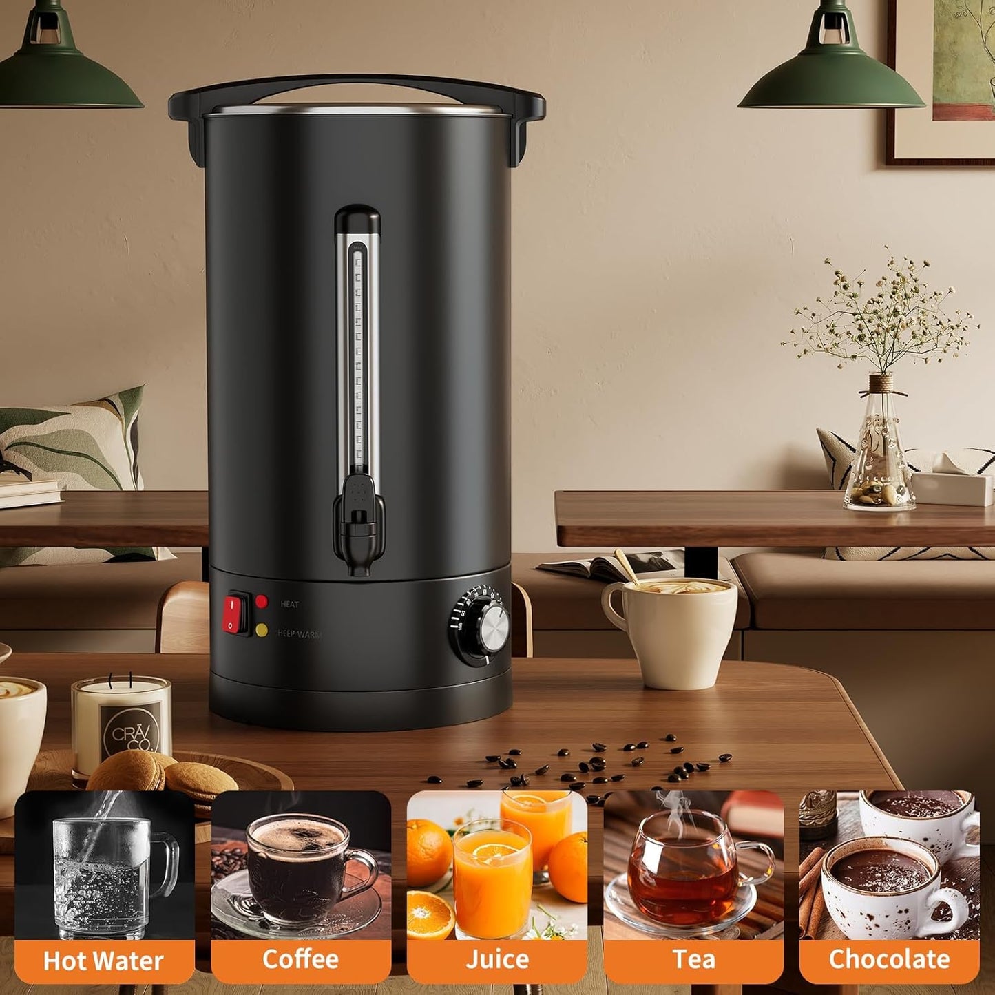 PeacefulHues 120 Cup Commercial Coffee Urn - 18L/4.8Gal Stainless Steel Electric Coffee Maker With Double Wall Insulation, Hot Beverage & Water Dispenser for Weddings, Parties, Catering, Buffets