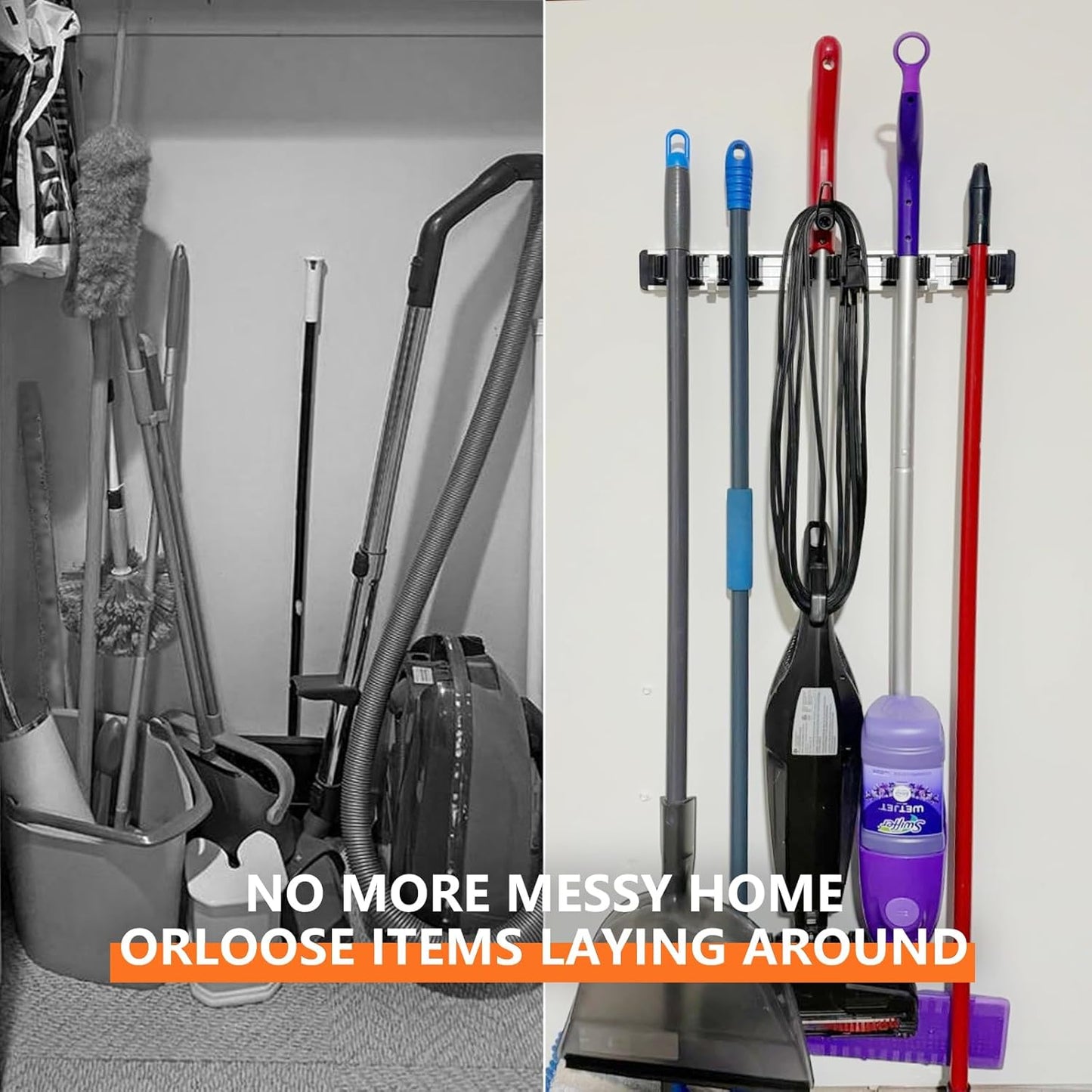 Reliahom Broom Holder Wall Mount - 2 Pack with 5 Racks & 4 Hooks | Black Mop Storage Organizer for Garage, Kitchen, Garden, Laundry Room
