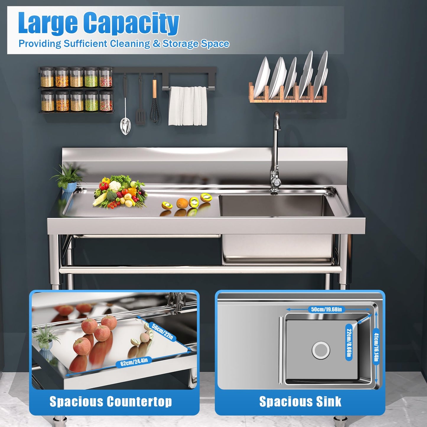304 Stainless Steel Utility Sink,18 * 15.8 * 8.8in Commercial Sink,Single Compartment Workbench Sinks,Free Standing Multifunctional Sink Set for Restaurant, Laundry Room,Backyard,Garage