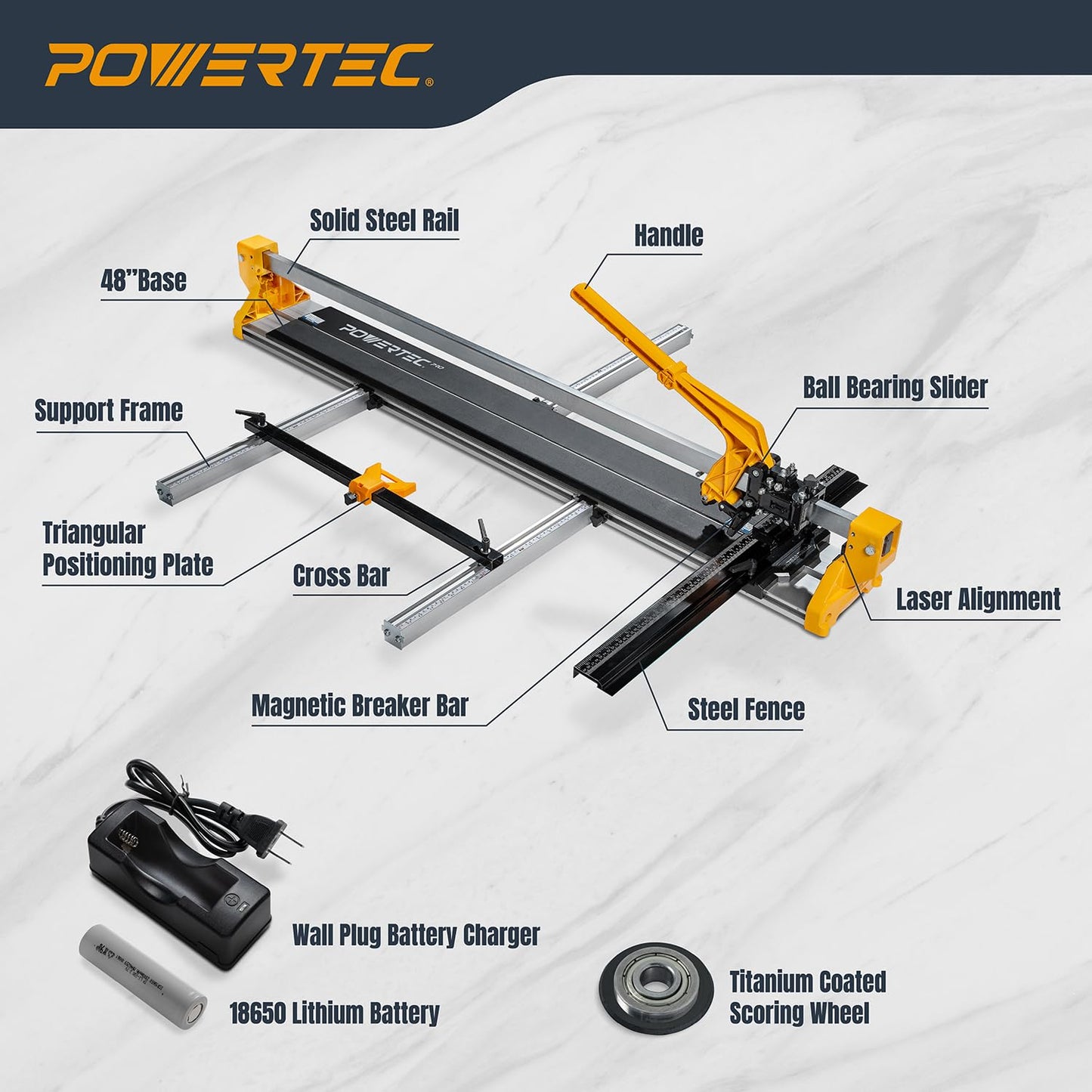 POWERTEC PRO 48" Manual Tile Cutter with Green Laser Guide - Cuts Ceramic, Porcelain & Glass, Large Format Tile Cutting, Aluminum Base (71980)