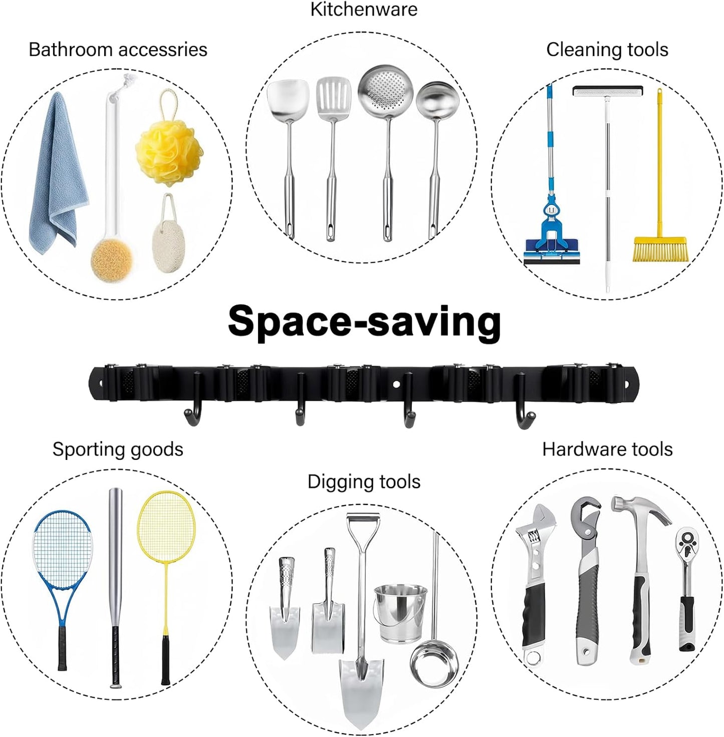 Skiennix Mop and Broom Holder - Heavy Duty Wall Mount Organizer with 5 Racks & 4 Hooks | Non-Slip, Self-Adhesive