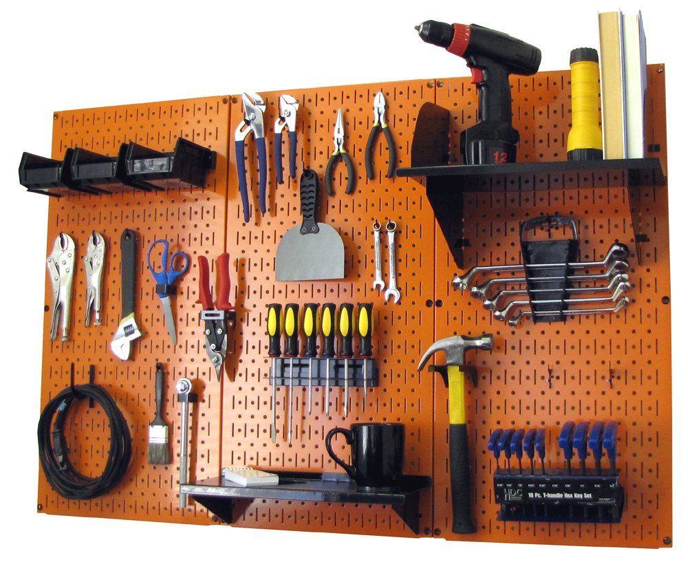 Wall Control 4 ft Metal Pegboard Standard Tool Storage Kit with Orange Toolboard and Black Accessories