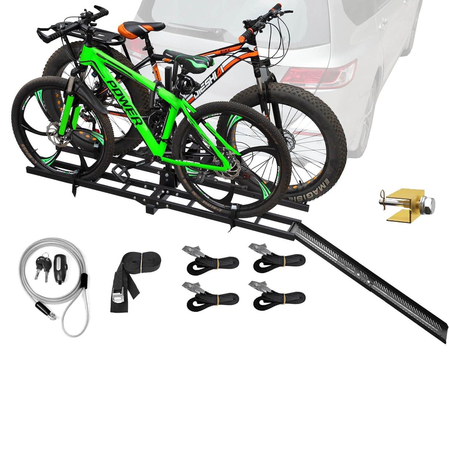 Bike Rack Hitch Mount with Ramp for 2 Bikes – Platform Ebike Rack with Anti-Theft Lock Fits Fat Tires up to 220 lbs – Foldable & Tilt Electric Bike Rack for SUV, Truck, RV – 2'' Hitch Receiver