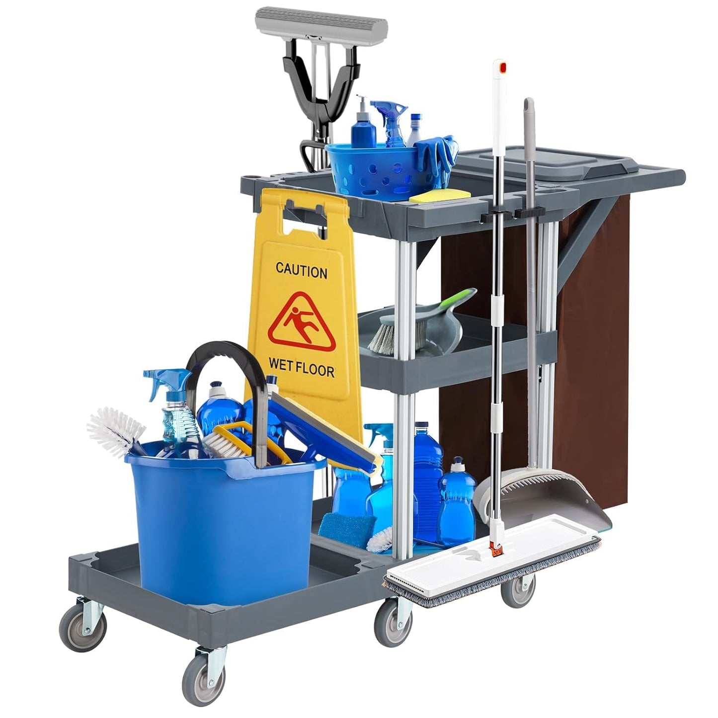 Commercial Traditional Janitorial 3-Shelf Cleaning Cart On Wheels with Cover and Vinyl Bag, Custodial Cart, Housekeeping Carts for Hotels, Stores, Schools, and Business