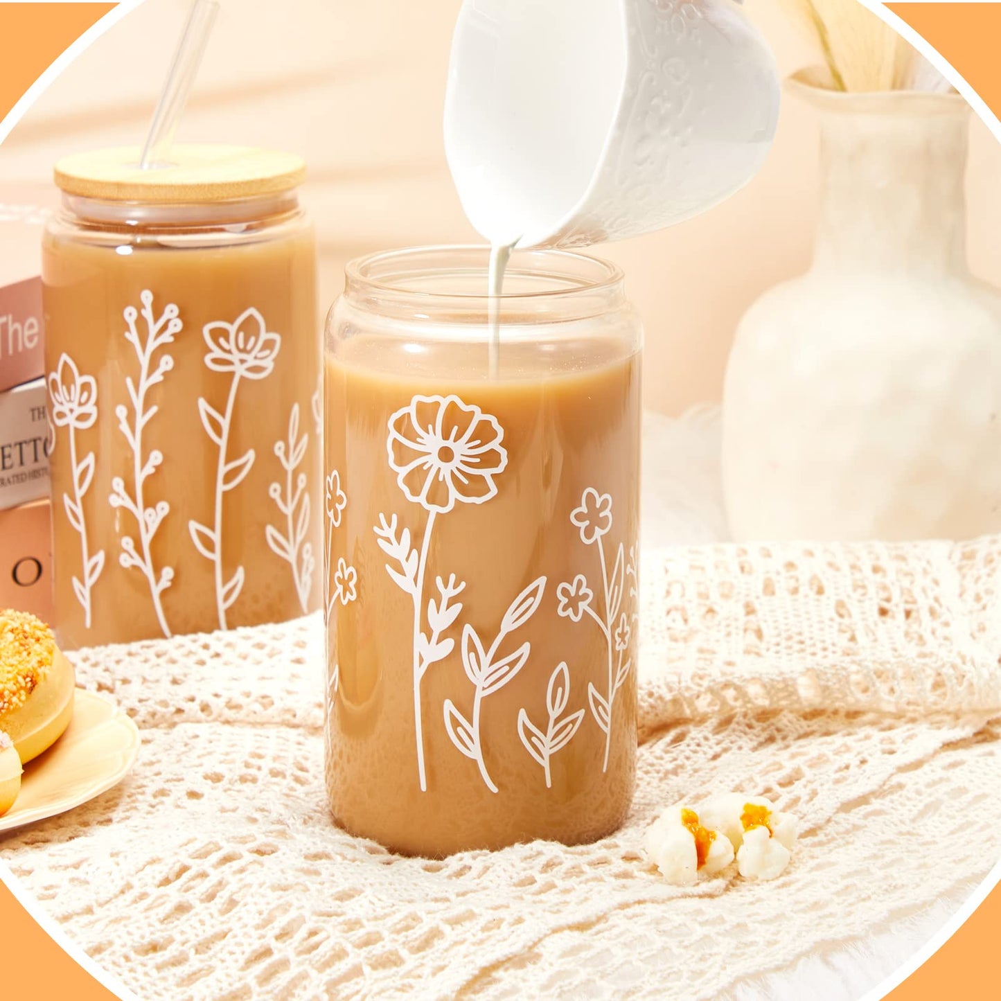 Mumufy 18 Pack Glass Cups Gift Aesthetic Cute Glass Cup Tumbler Flower Iced Coffee Mugs 16 oz with Bamboo Lid & Straw, for Wedding Birthday Bridesmaid Mom Baby Shower