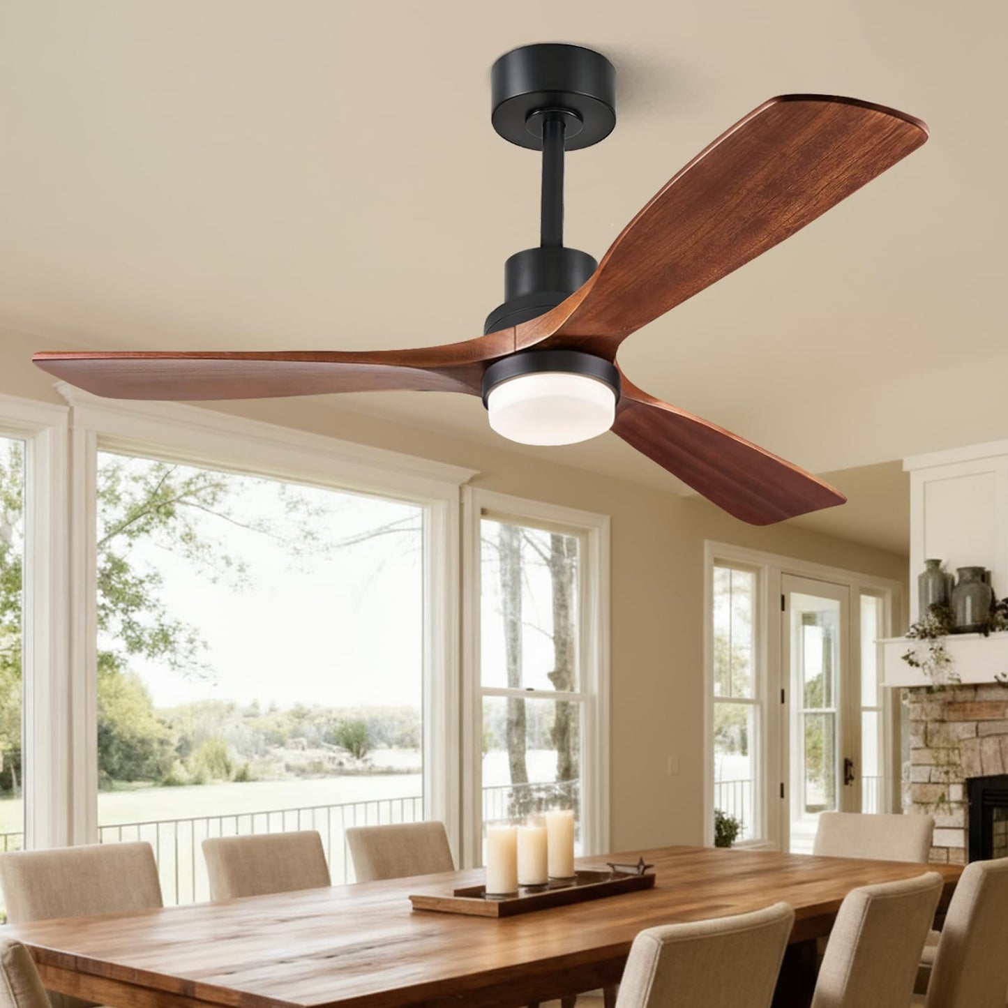 ORGINESE 60 inch Smart Ceiling Fan with Lights,Outdoor Ceiling Fan 3 Wood Blades Compatible with Alexa/Gg Voice Control&App&Remote,Quiet DC Motor for Covered Patio Porch Bedroom,Dark Walnut