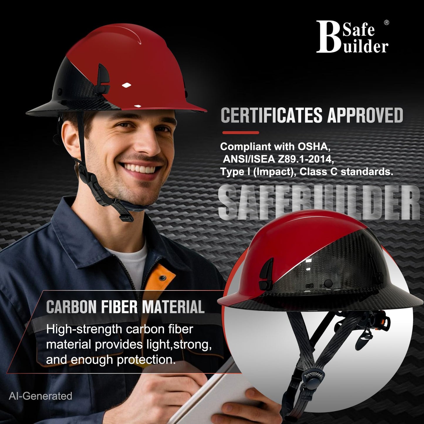 SAFEBUILDER Carbon Fiber Full Brim Hard Hats Made of Carbon Fiber Safety Helmet 6-Point Suspension ANSI Certified for Construction, Industrial, Outdoor Work (Carbon Fiber Hard Hats-A Red)