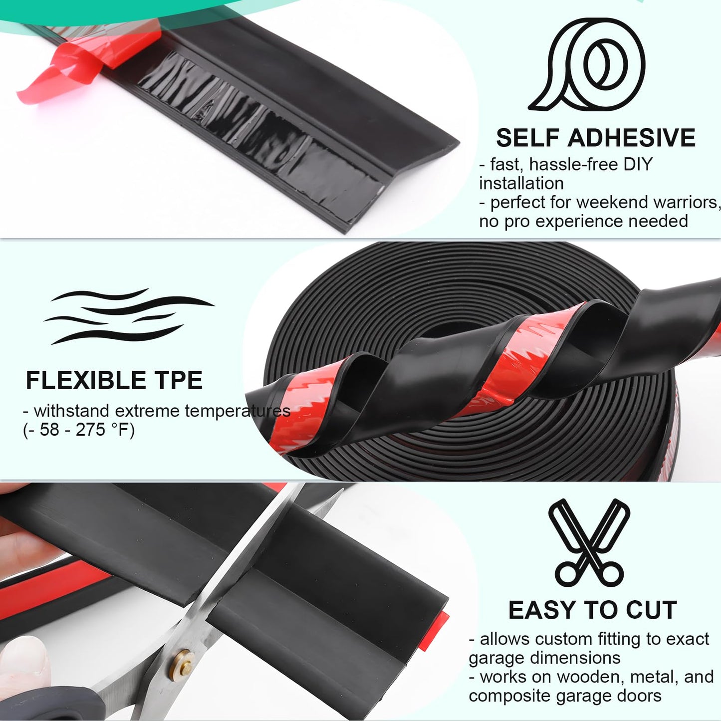 Garage Door Seal Top and Sides - Jobon 40FT Black Flexible TPE Self Adhesive Weather Stripping Kit | Block Rodents Drafts Rain Dust | Easy DIY Installation Universal Replacement