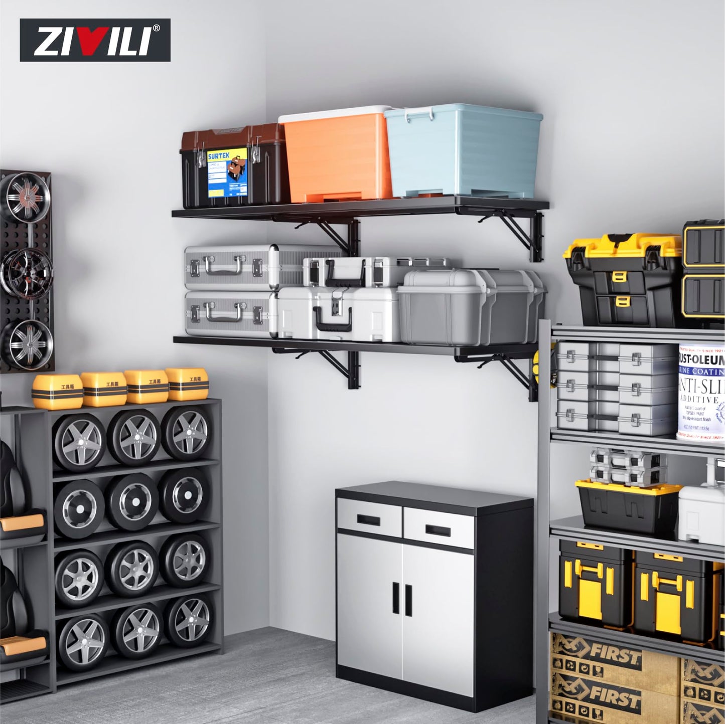 ZiViLi 1.3x4FT Adjustable Garage Shelf Wall Mounted Fold Down Shelf Metal Heavy Duty Black 2Pack