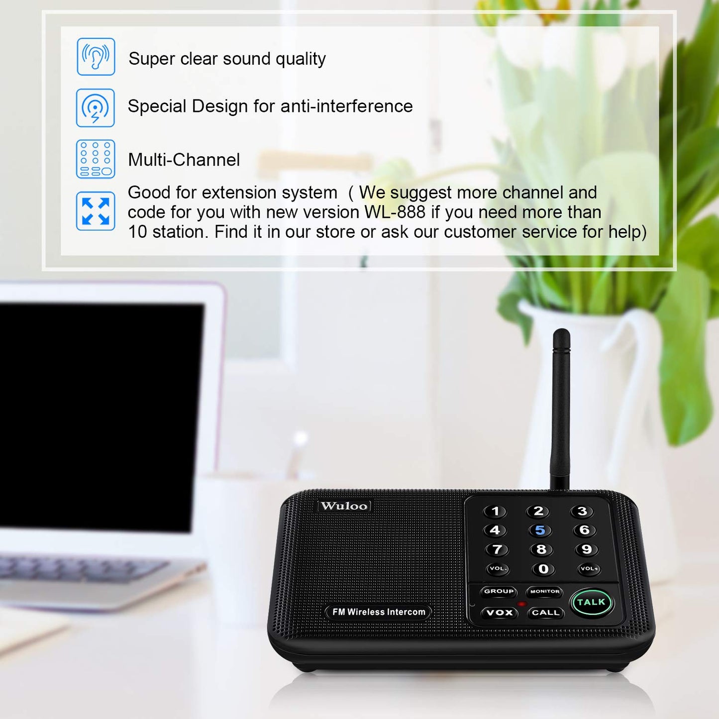 Wireless Intercom System for Home 5280 Feet Range 10 Channel 3 Code, Intercoms Wireless for Home House Business Office, Home Communication System, Room to Room Intercom Wuloo WL666（4 Units Set Black