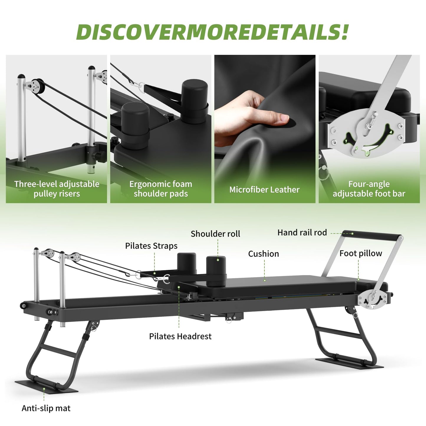 Foldable Pilates Reformer Machine for Home Gym, 77.5'' Pilates Reformer Bed with 5 Adjustable Resistance Bands, Upgraded Rope Adjuster System Supports 400lbs, Professional Pilates Equipment