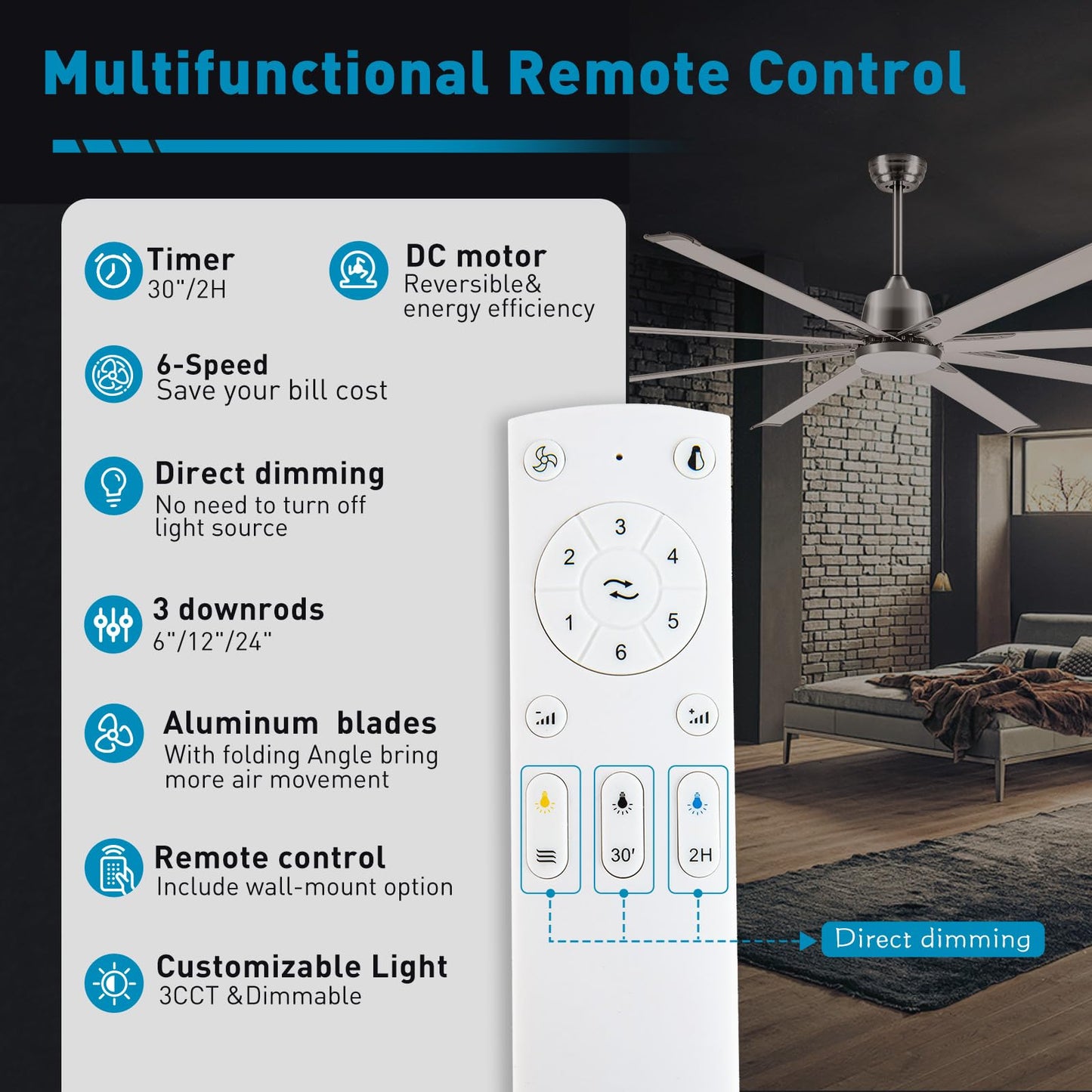 72 lnch lndustrial Celing Fan with Light and Remote Control,Large Celing Fan with 8 Brushed Nickel Aluminum Blades,6 Speed Noiseless DC Motor,Wet Rated Indoor Outdoor Ceiling Fans for Patio,Garage