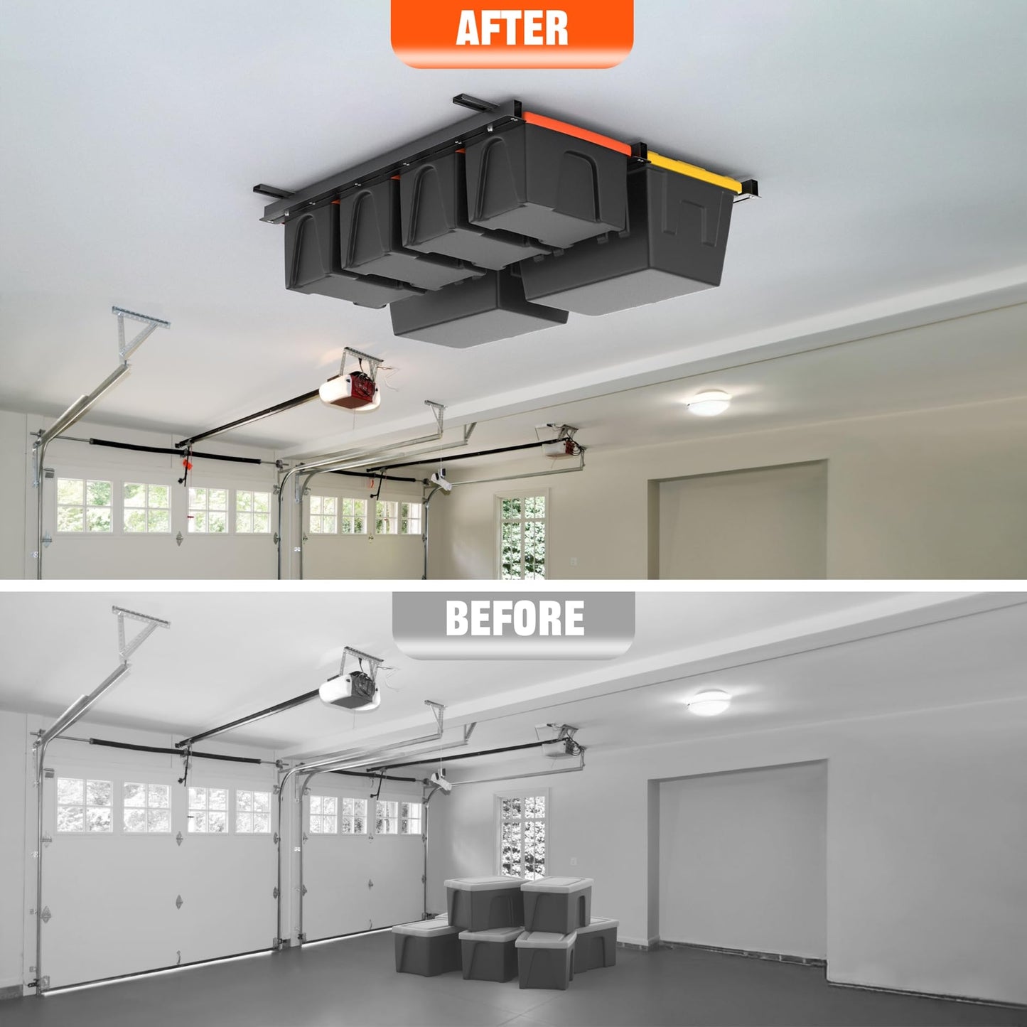 TORACK Garage Ceiling Bin Storage Rack, Overhead Tote Storage Rail System Heavy Duty Adjustable Tote Slide Rails Garage Bins Storage System(Black, Bins are not included)