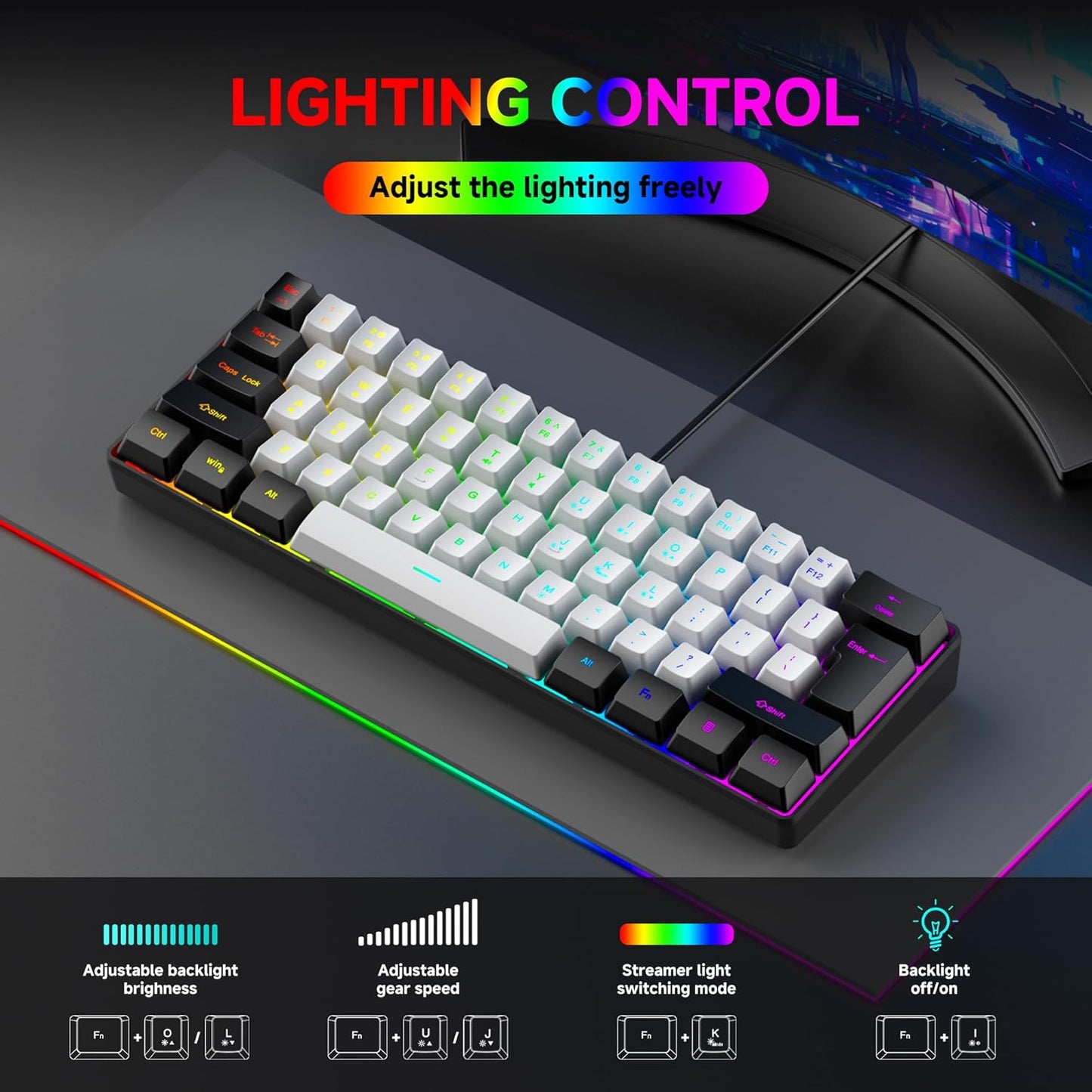 REBOCOON 61-Key 60% 8-Color 10/8/7) Compact RGB Gaming Keyboard Layout, Ergonomic Membrane Keys, Backlight, Plug & Play