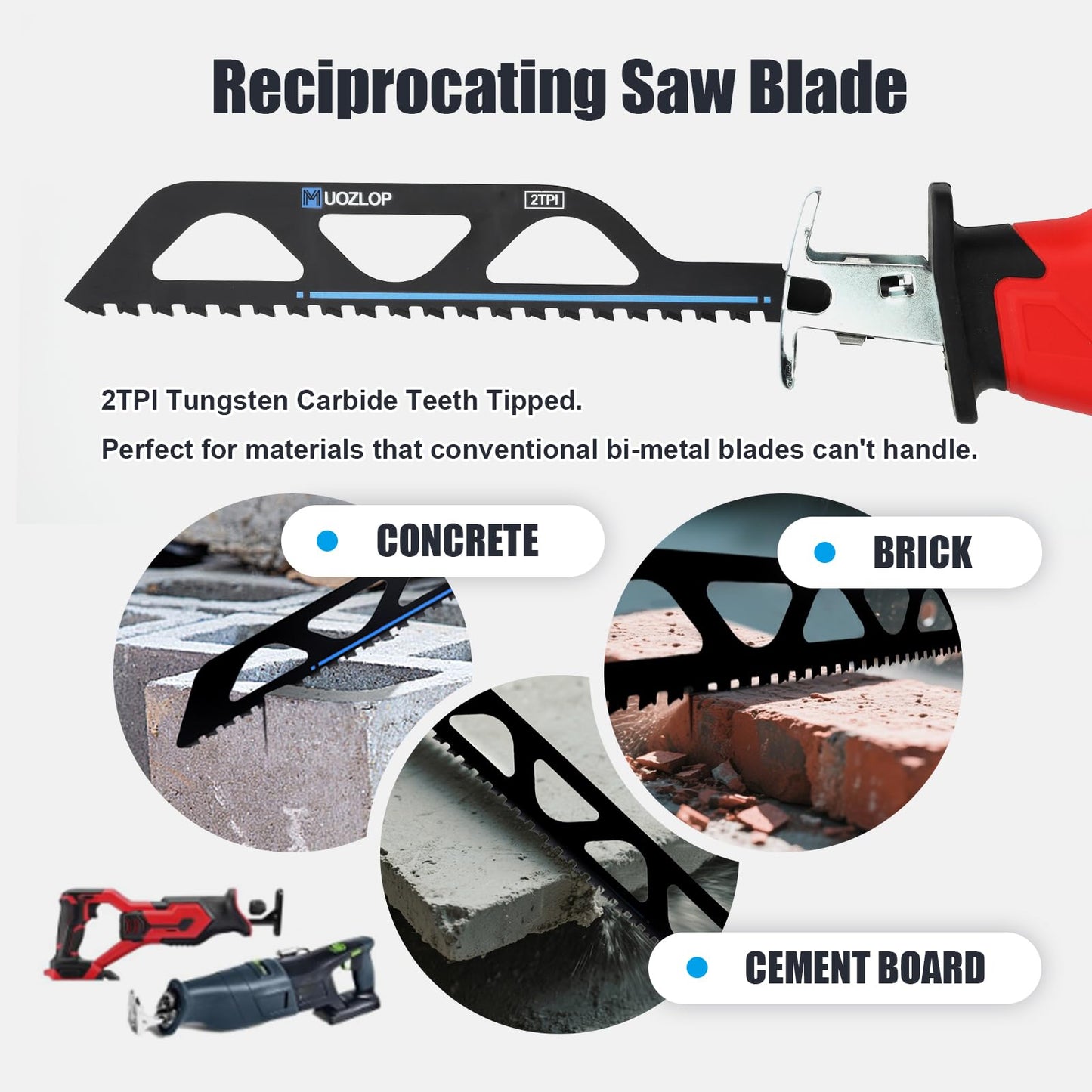 MUOZLOP 12 inch Masonry Reciprocating Saw Blades,2TPI Carbide Blade Strong teeths for Cutting Brick, Cement, Porous Concrete，5 Pack (5, 12 inch)