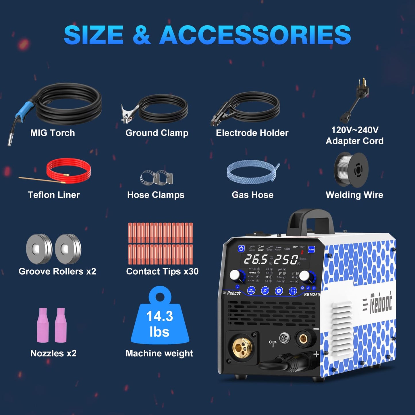 Reboot 250Amp MIG Welder 120V /240V RBM2500 PRO, 8-in-1 Multiprocess Welding Machine with Dual Aluminum Welding Modes, Gas MIG/Gasless MIG/MAG/Lift TIG/Stick/Spot/Spool Gun Compatible
