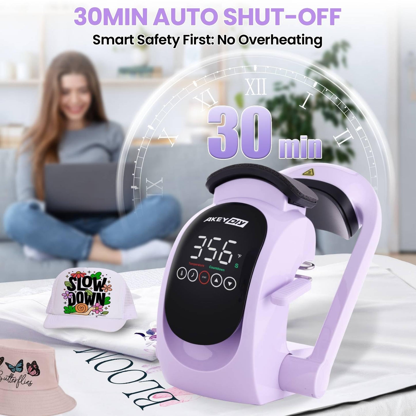 AKEYDIY 3-in-1 Auto Hat Heat Press Machine for Caps, with 3pcs Interchangeable Platens, Automatic Open & Release, Touchscreen for Precise Time & Temp Control, Heat Transfer Printing for Caps, Purple