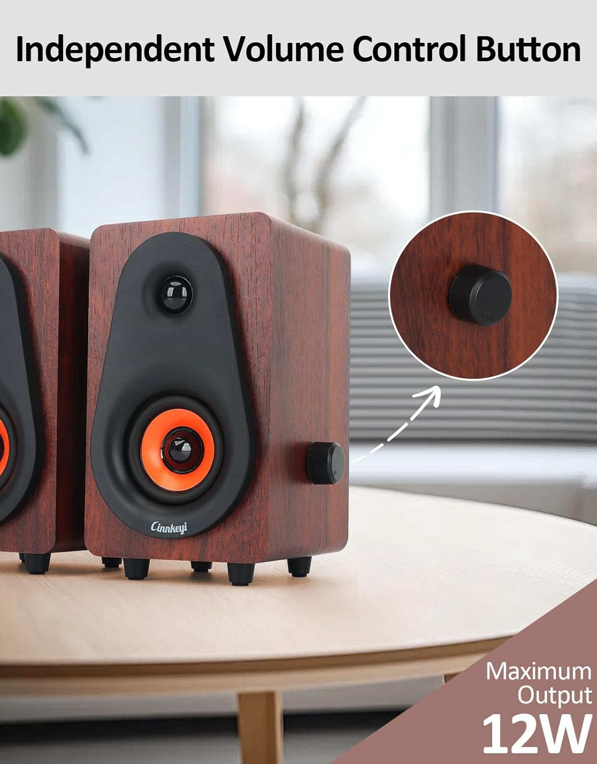 cinnkeyi 12W 2026 USB Computer Speakers Update Wooden Desktop Speakers with Dual Diaphragms, High-Fidelity Stereo