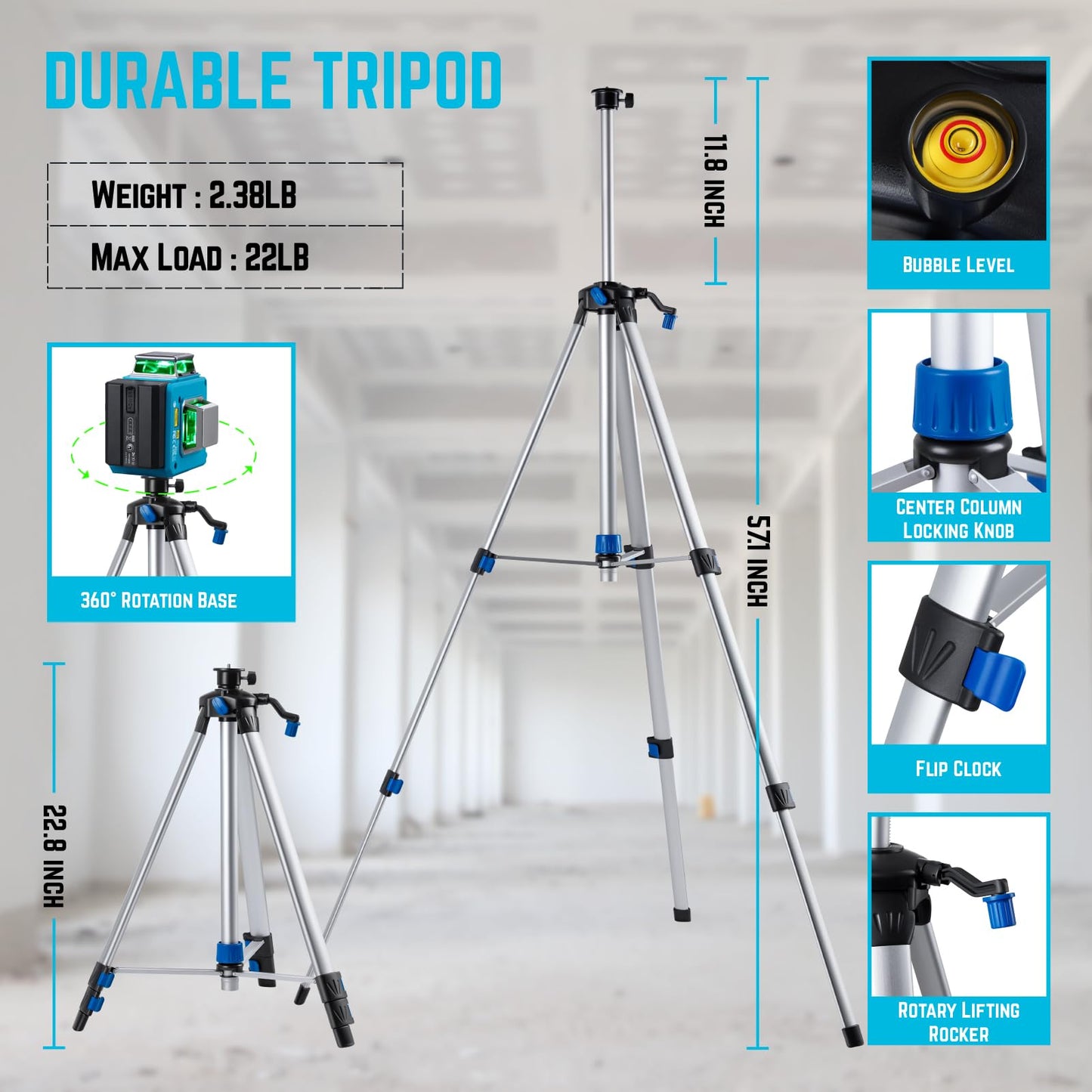 KEZERS Laser Level with Tripod & Laser Level Pole,12Ft/3.7M Telescoping Pole for Laser Level,Laser Level 360 Self Leveling,Green Line Laser Level for Picture Hanging,Tile Laying,Construction