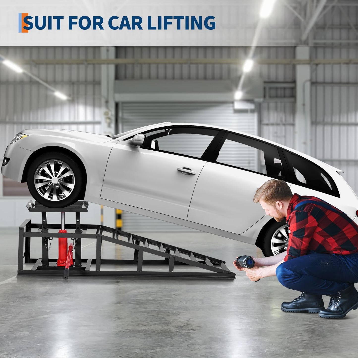 2 Pcs Hydraulic Car Ramps, 5 Ton (11,065 LBS) Heavy Duty Steel Car Lift Ramps with Hydraulic Jack for Oil Changes & Truck Repair, 9.4"-13.34" High Lift, Home Garage Vehicle Ramps